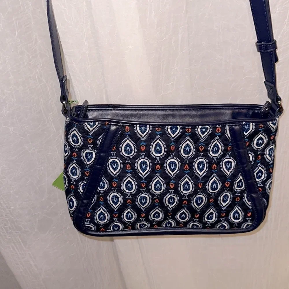 Vera Bradley Navy Blue White Coral Quilted Trimmed Trapeze Crossbody Purse Bag